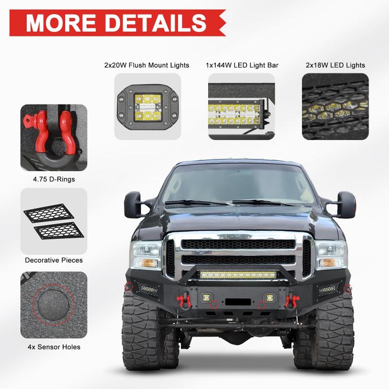 2005-2007 F250 F350 F450 F550 Front Bumper with Aluminum LED Lights and D-Rings -3