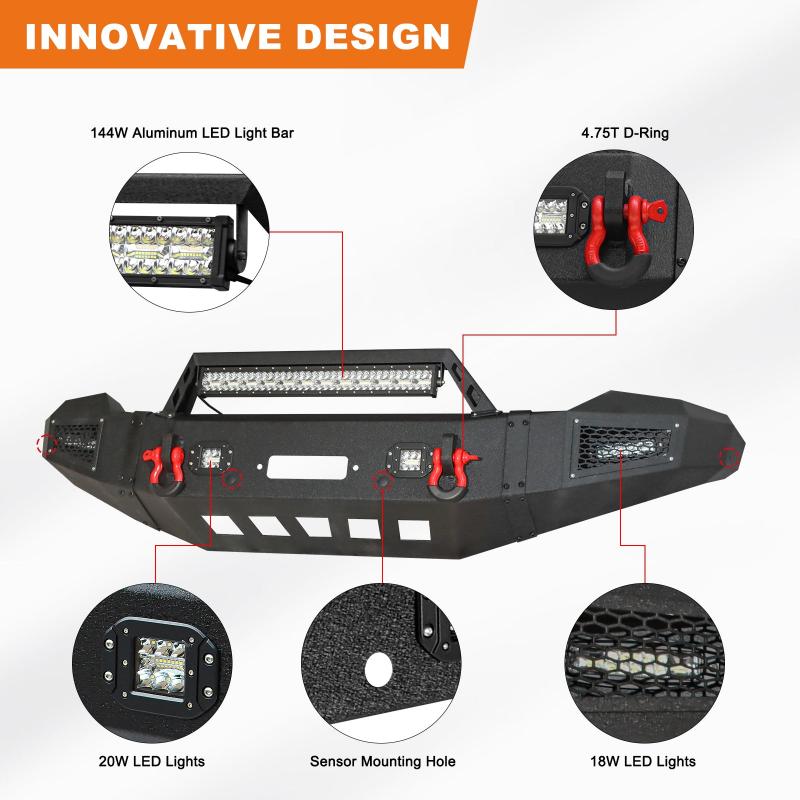AAIWA Steel Front Bumper for F250(2011-2016) with LED Light Bar & D-rings & Winch Plate-3