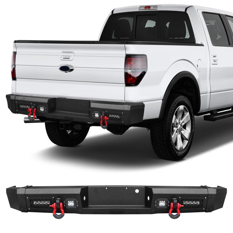 Black Rear Bumper with 4 LED lights & D-Rings fits 2010-2014 FORD F-150 SVT Raptor-1