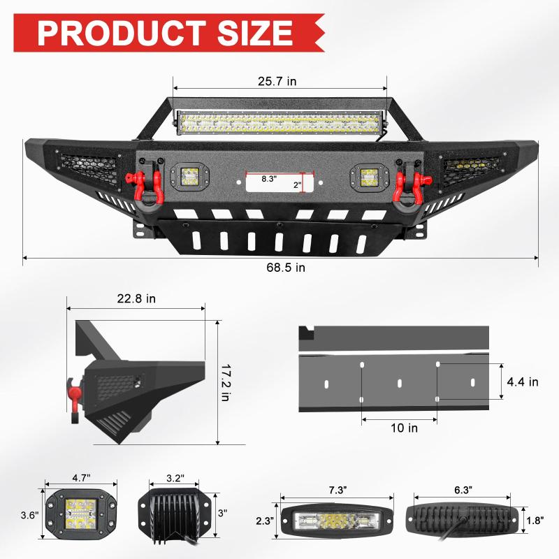 Compatible with 2007-2014 Gen FJ Cruiser Front Bumper with D-ring and LED Lights and Winch Plate-2