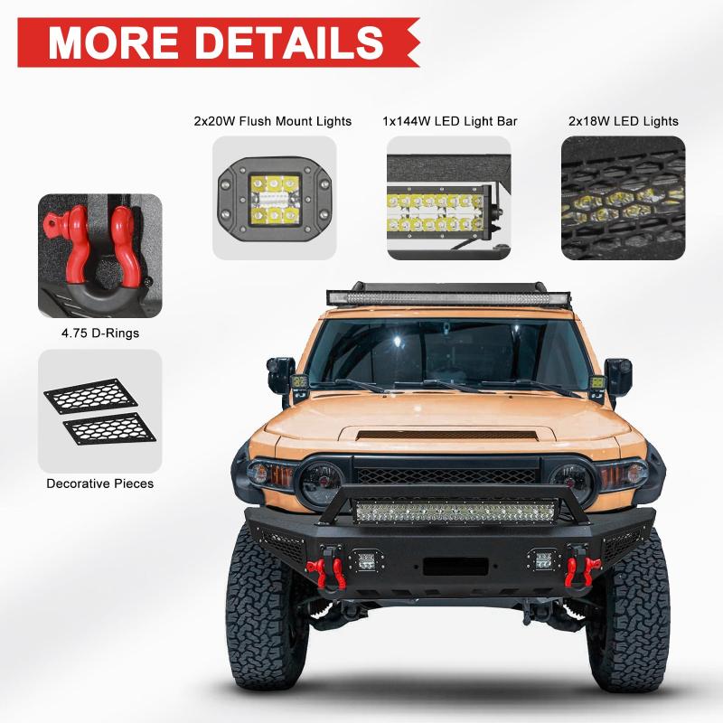 Compatible with 2007-2014 Gen FJ Cruiser Front Bumper with D-ring and LED Lights and Winch Plate-3