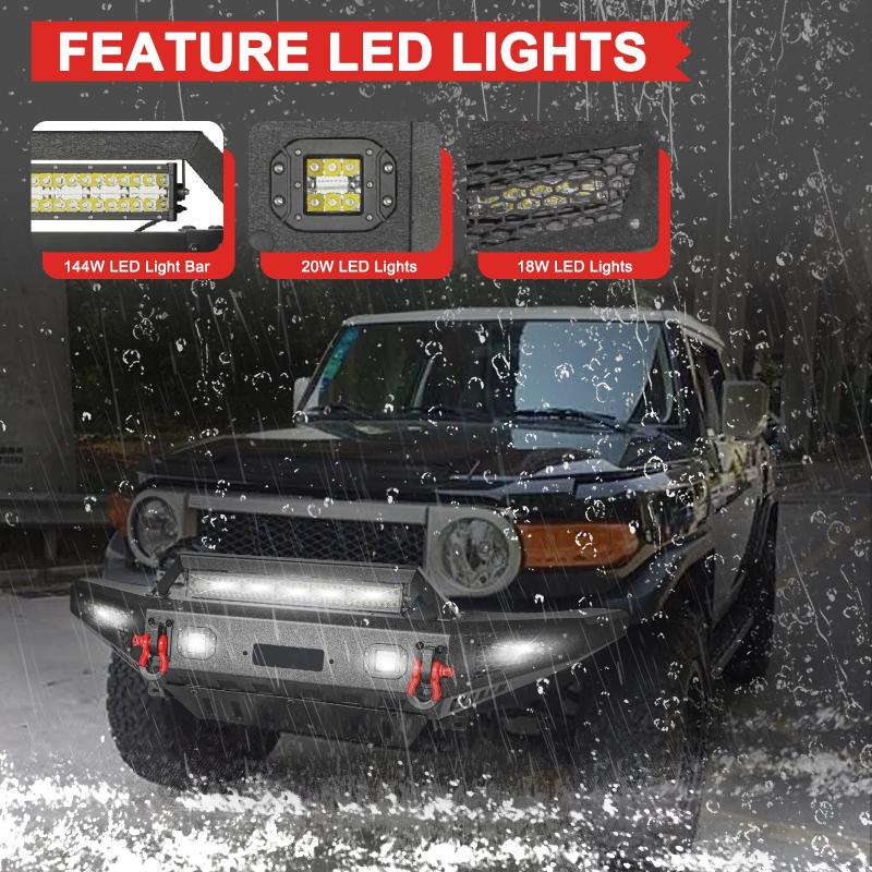 Compatible with 2007-2014 Gen FJ Cruiser Front Bumper with D-ring and LED Lights and Winch Plate-4