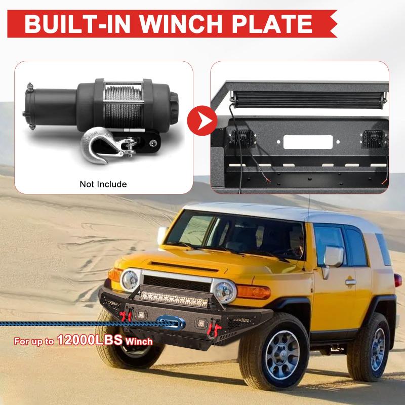 Compatible with 2007-2014 Gen FJ Cruiser Front Bumper with D-ring and LED Lights and Winch Plate-5