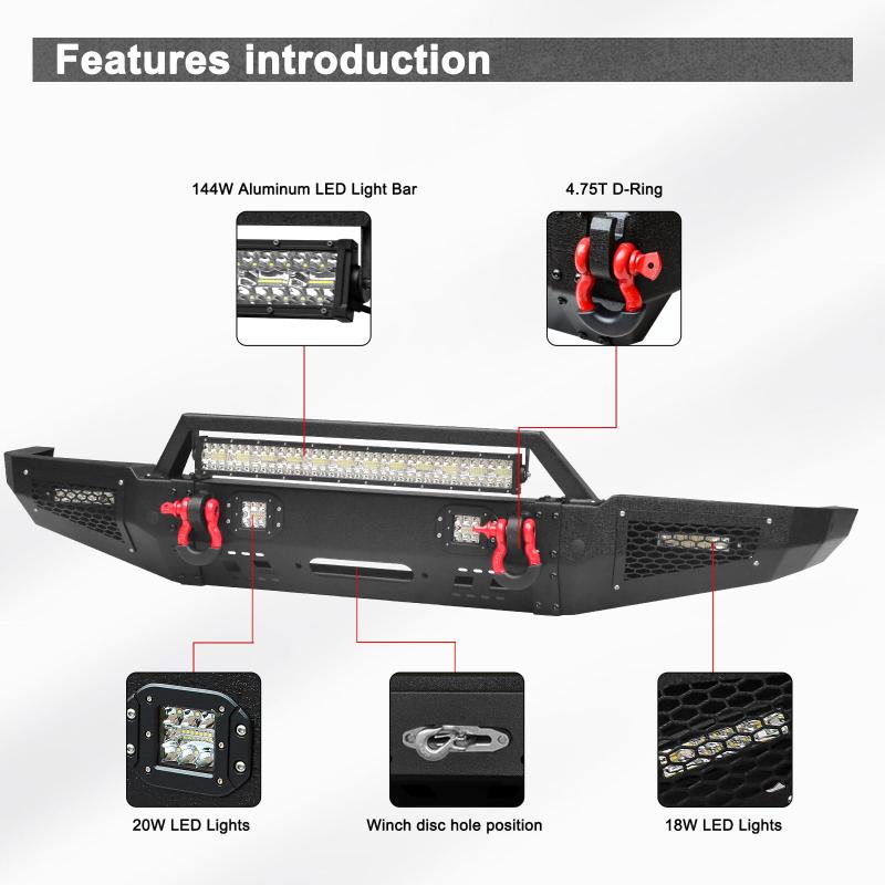 Fits for 1999-2004 Land Rover Discovery2 Steel Front Bumper with LED Lights & D-Rings & Sensor Holes-3