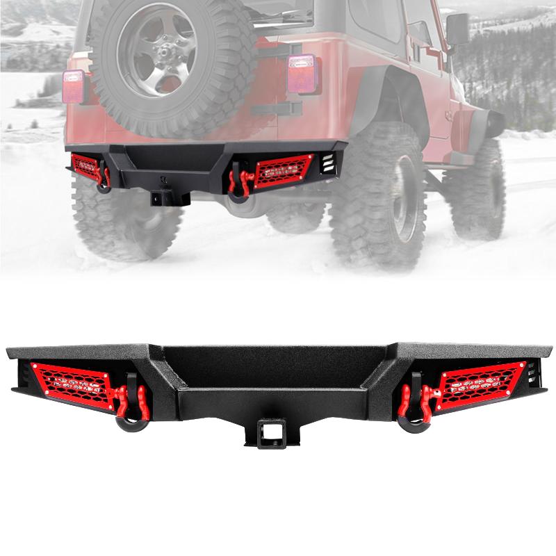For 2007-2018 Jeep Wrangler JK JKU Steel Rear Bumper with LED Lights & D-Rings-1