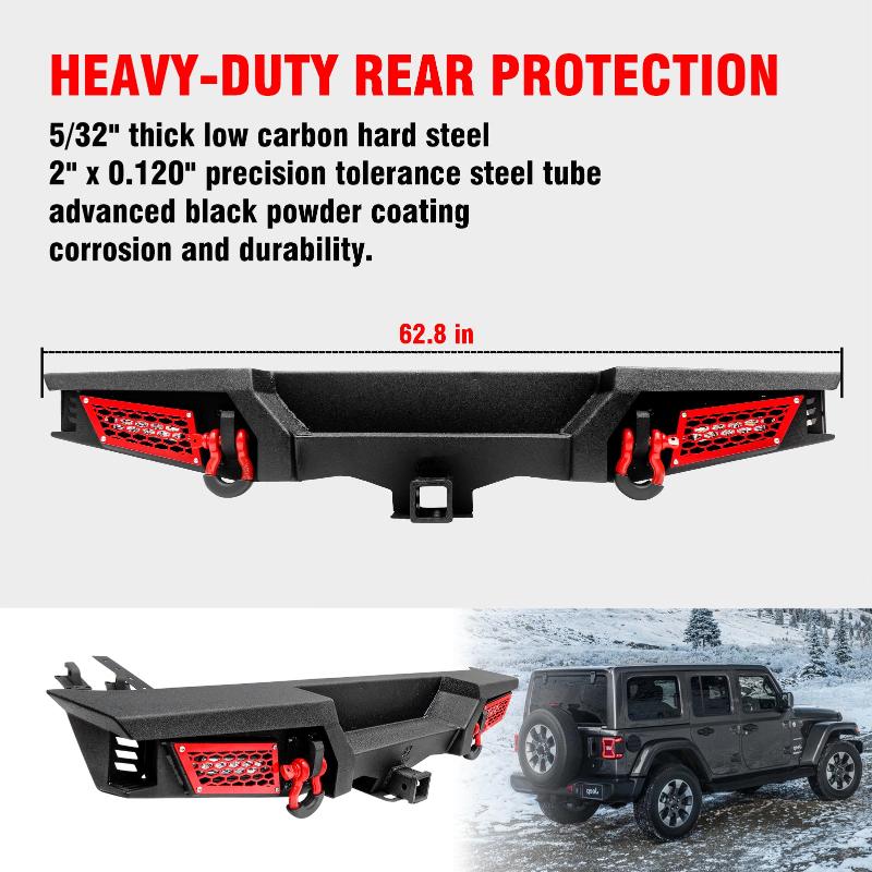 For 2007-2018 Jeep Wrangler JK JKU Steel Rear Bumper with LED Lights & D-Rings-3