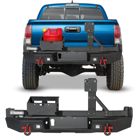 For 2016-2023 Tacoma Black Powder Coated Steel Rear Bumper With Spare Tire Carrier & D-Rings-1