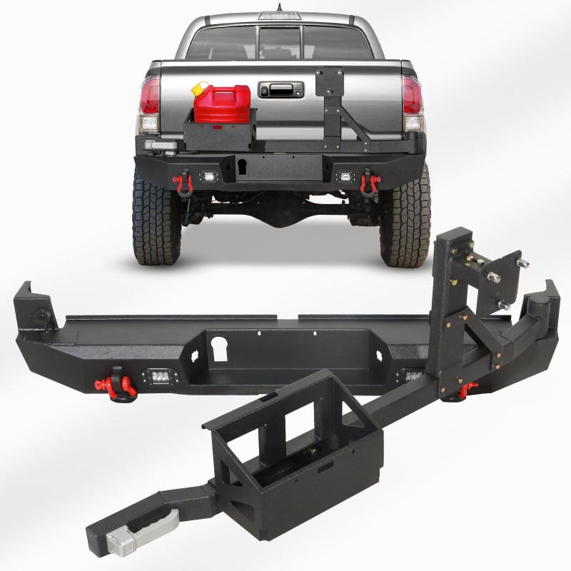 For 2016-2023 Tacoma Black Powder Coated Steel Rear Bumper With Spare Tire Carrier & D-Rings-3