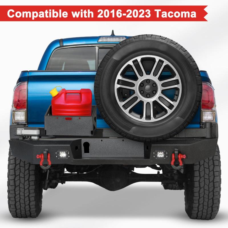 For 2016-2023 Tacoma Black Powder Coated Steel Rear Bumper With Spare Tire Carrier & D-Rings-9