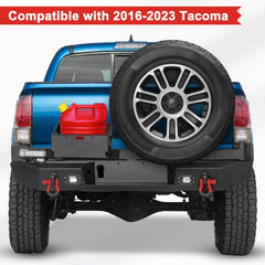 For 2016-2023 Tacoma Black Powder Coated Steel Rear Bumper With Spare Tire Carrier & D-Rings-9