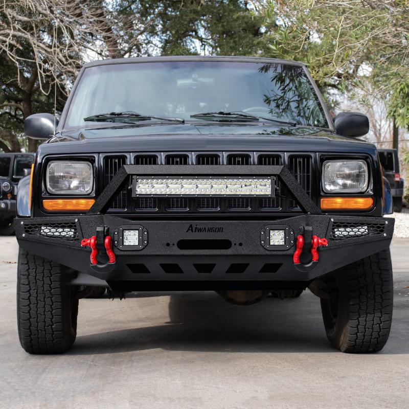 Front Bumper for 1983-2001 Jeep Cherokee XJ with D-Rings & Winch Plate & LED Lights-6