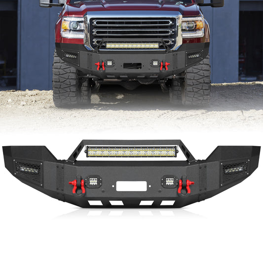 Heavy-duty Steel Front Bumper for 2015-2019 GMC Sierra 2500/3500 with LED Lights & D-Rings & Sensor Holes