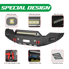 Heavy-duty Steel Front Bumper for 2015-2019 GMC Sierra 2500/3500 with LED Lights & D-Rings & Sensor Holes