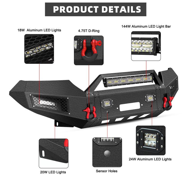 Front Bumper for 2015-2022 Chevy Colorado with Winch Plate & Sensor Holes & LED Lights-5