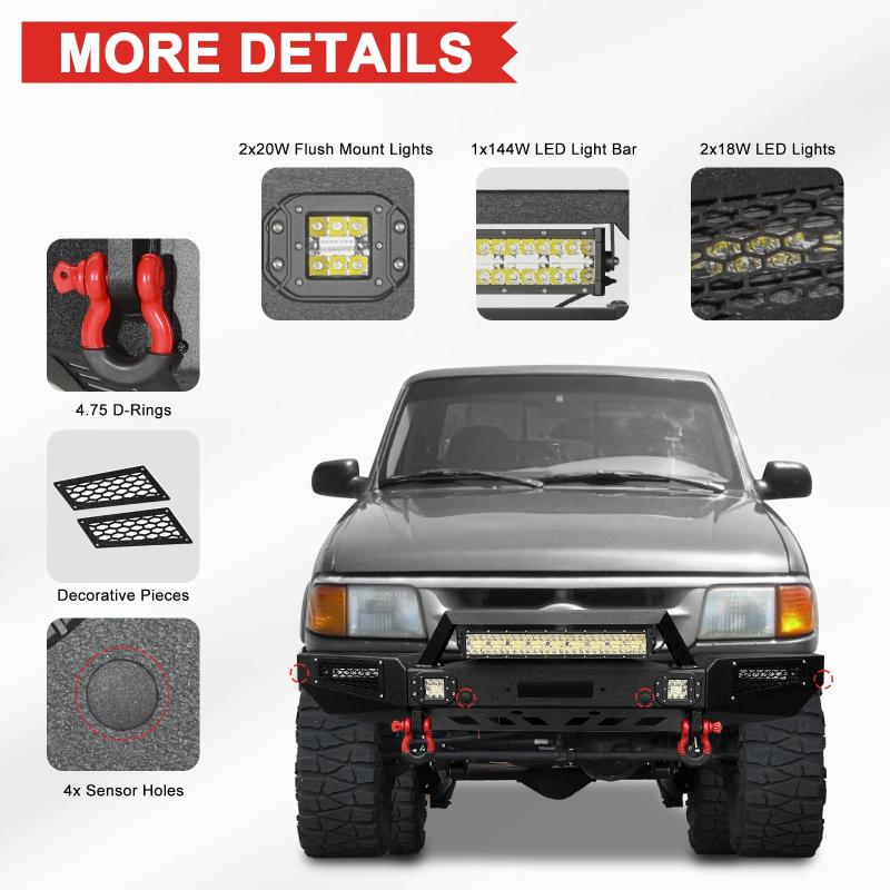 Front Bumper Compatible with 1993-1997 Ford Ranger with LED Lights & Sensor Mounting Hole-3