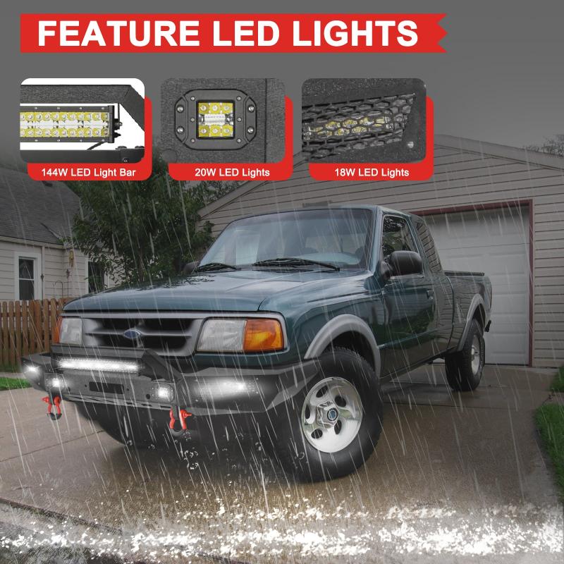 Front Bumper Compatible with 1993-1997 Ford Ranger with LED Lights & Sensor Mounting Hole-4
