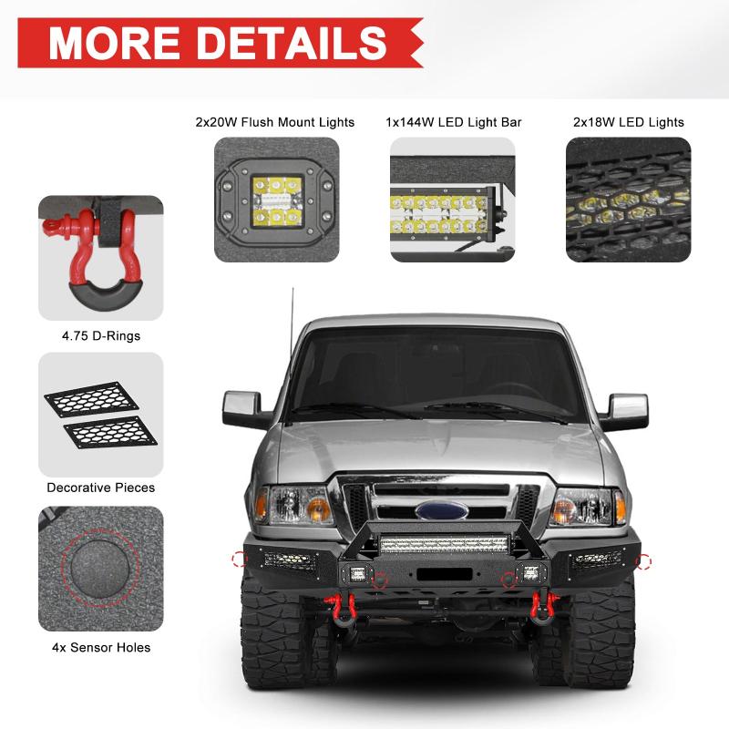 Front Bumper Compatible with 1998-2011 Ford Ranger with Winch Plate & LED Aluminum Lights-3
