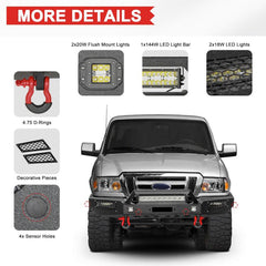 Front Bumper Compatible with 1998-2011 Ford Ranger with Winch Plate & LED Aluminum Lights-3
