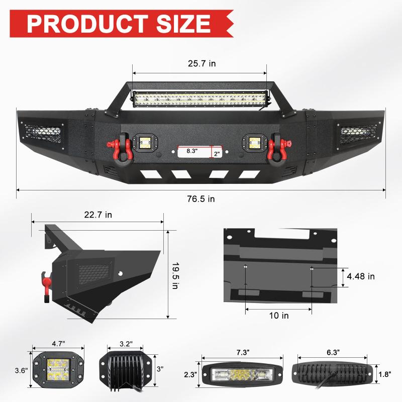 Front Bumper Compatible with 2008-2010 Ford F250 / F350 /F450 / F550 with Winch Plate & LED Lights & D-Rings-2