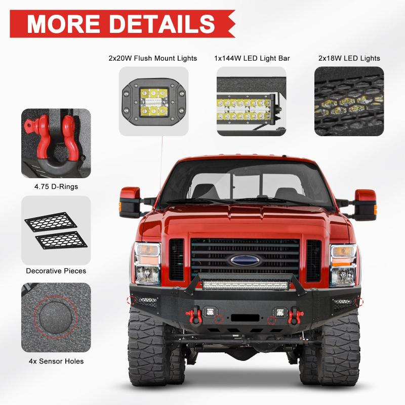 Front Bumper Compatible with 2008-2010 Ford F250 / F350 /F450 / F550 with Winch Plate & LED Lights & D-Rings-3