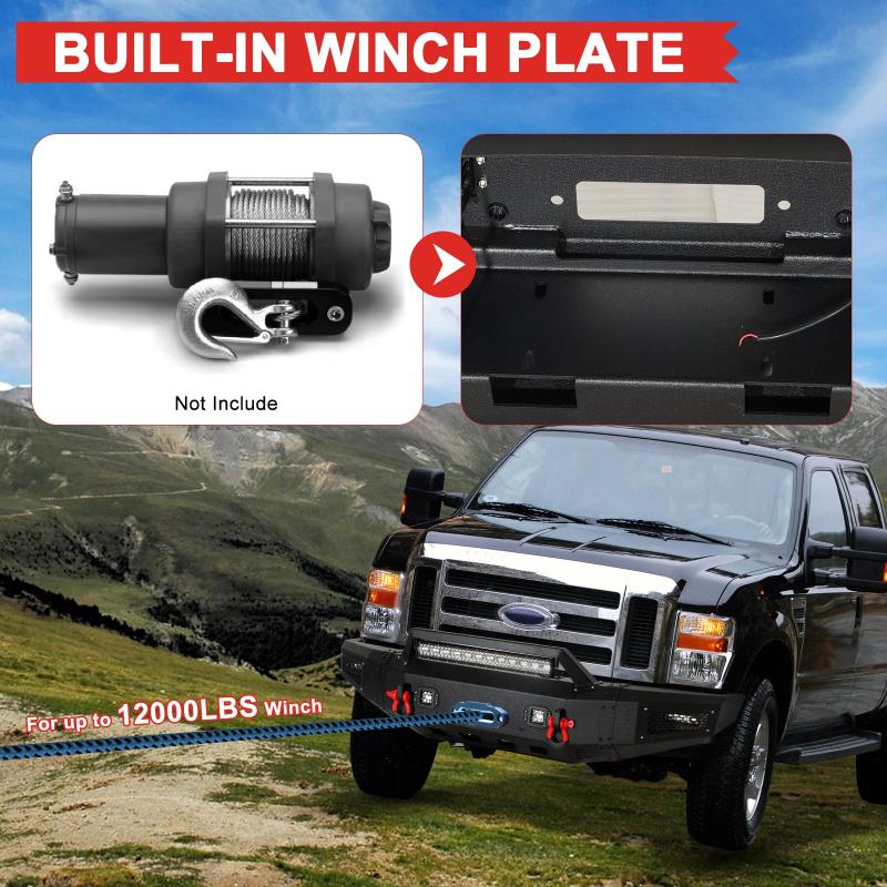 Front Bumper Compatible with 2008-2010 Ford F250 / F350 /F450 / F550 with Winch Plate & LED Lights & D-Rings-5
