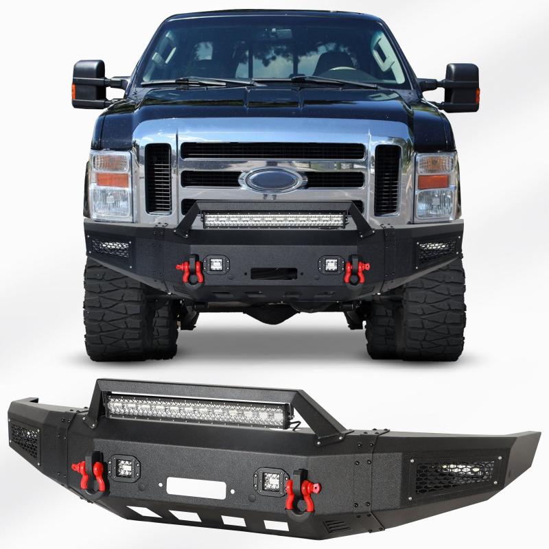 Front Bumper Compatible with 2008-2010 Ford F250 / F350 /F450 / F550 with Winch Plate & LED Lights & D-Rings-7