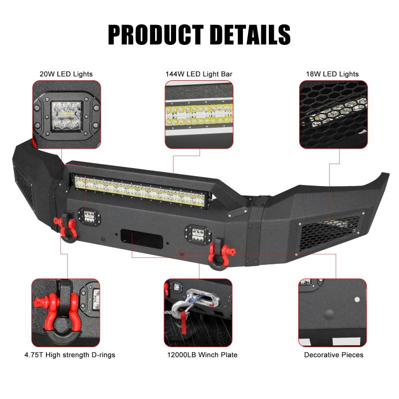 Front Bumper for 1999-2004 F250 F350 F450 F550 with LED Lights & D-Rings & Winch Plate &Sensor Holes-4