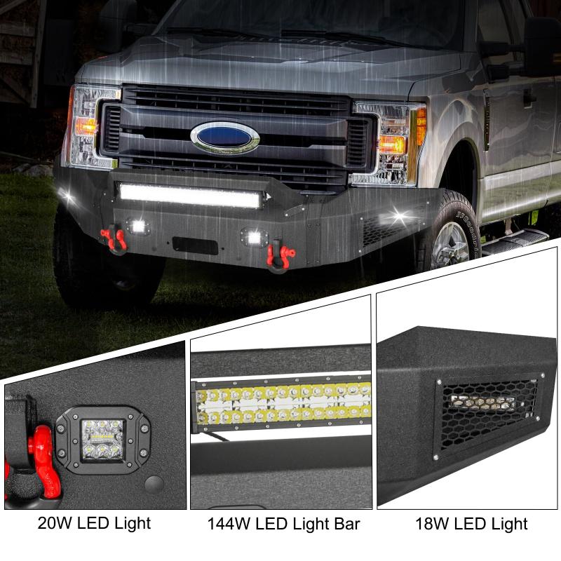 Front Bumper for 1999-2004 F250 F350 F450 F550 with LED Lights & D-Rings & Winch Plate &Sensor Holes-5