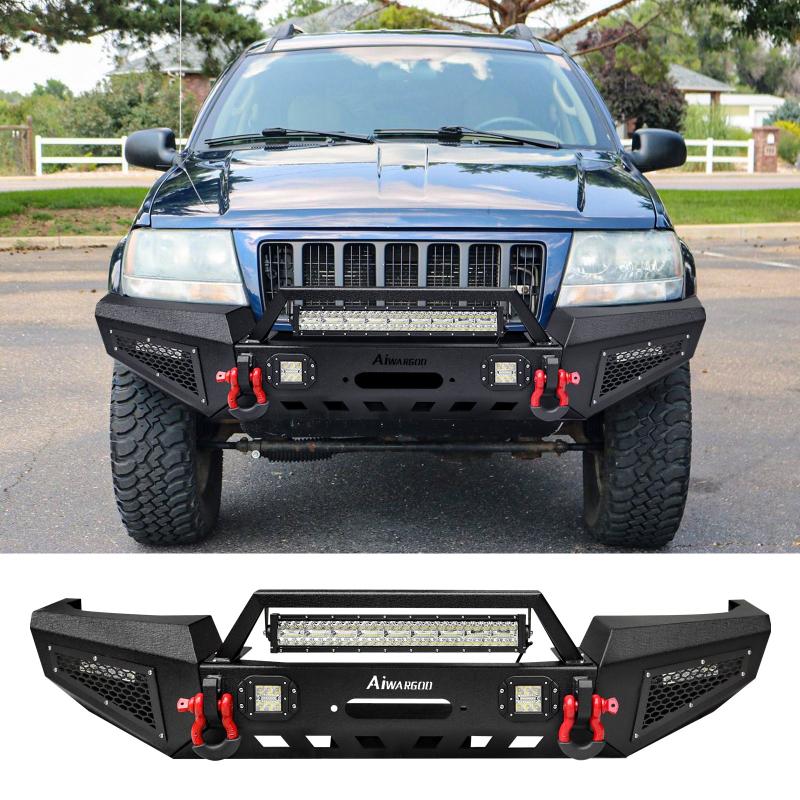 Front Bumper for 1999-2004 Grand Cherokee WJ with D-Rings & Winch Plate & LED Lights-1