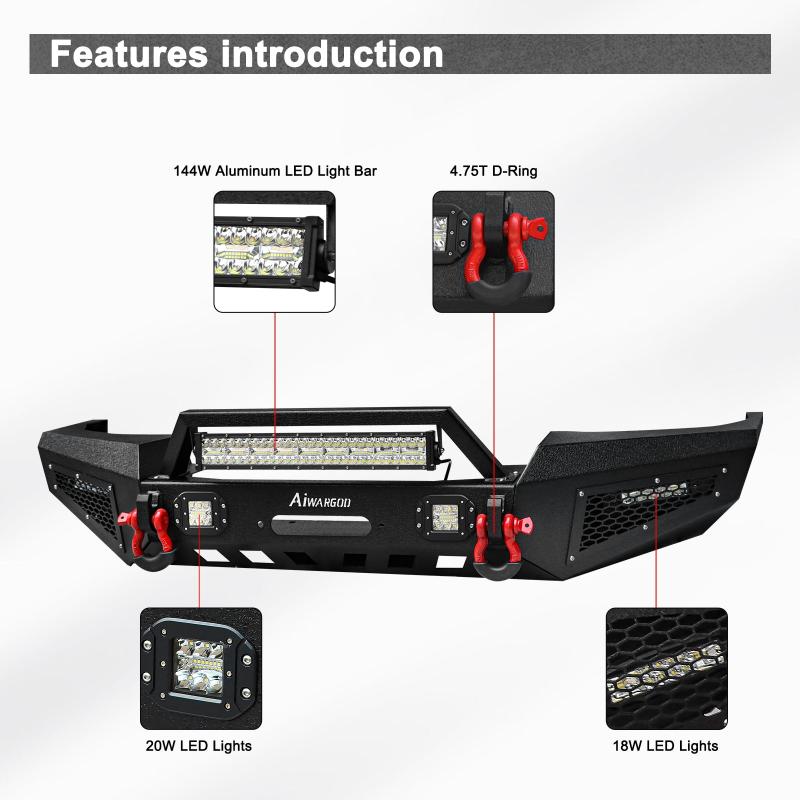 Front Bumper for 1999-2004 Grand Cherokee WJ with D-Rings & Winch Plate & LED Lights-3