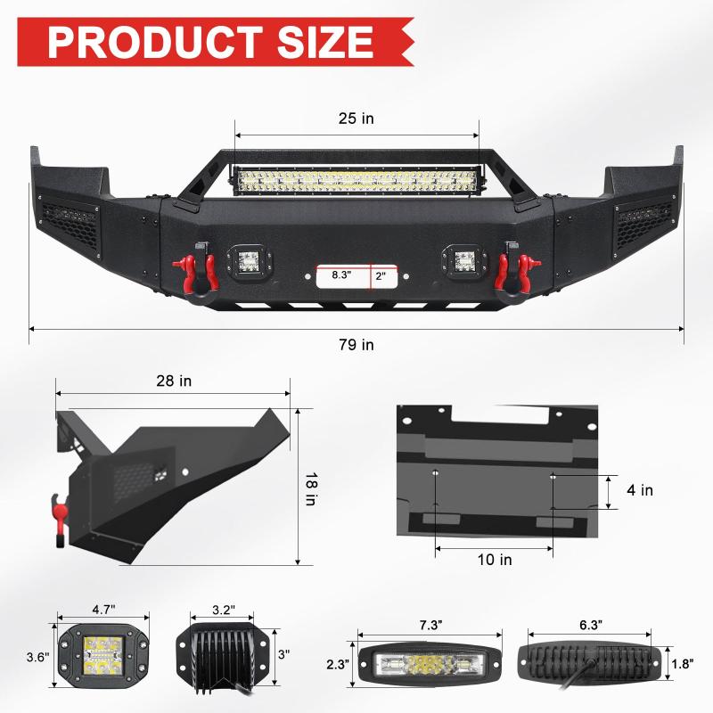 Front Bumper for 2009-2012 RAM 1500 Pickup with Winch Plate & LED Lights & Sensor holes-2