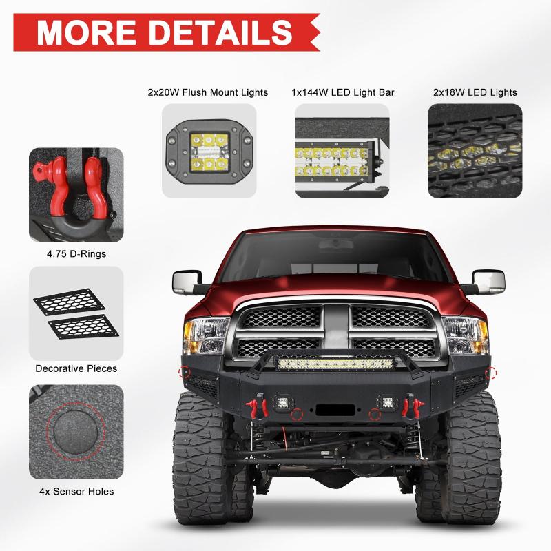 Front Bumper for 2009-2012 RAM 1500 Pickup with Winch Plate & LED Lights & Sensor holes-3