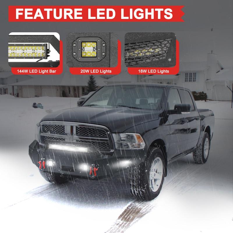Front Bumper for 2009-2012 RAM 1500 Pickup with Winch Plate & LED Lights & Sensor holes-4