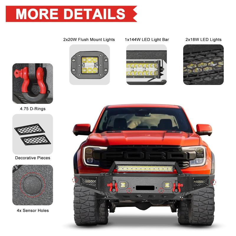 Front Bumper for 2019-2024 Ford Ranger with LED Lights & D-Rings & Winch Palte-3