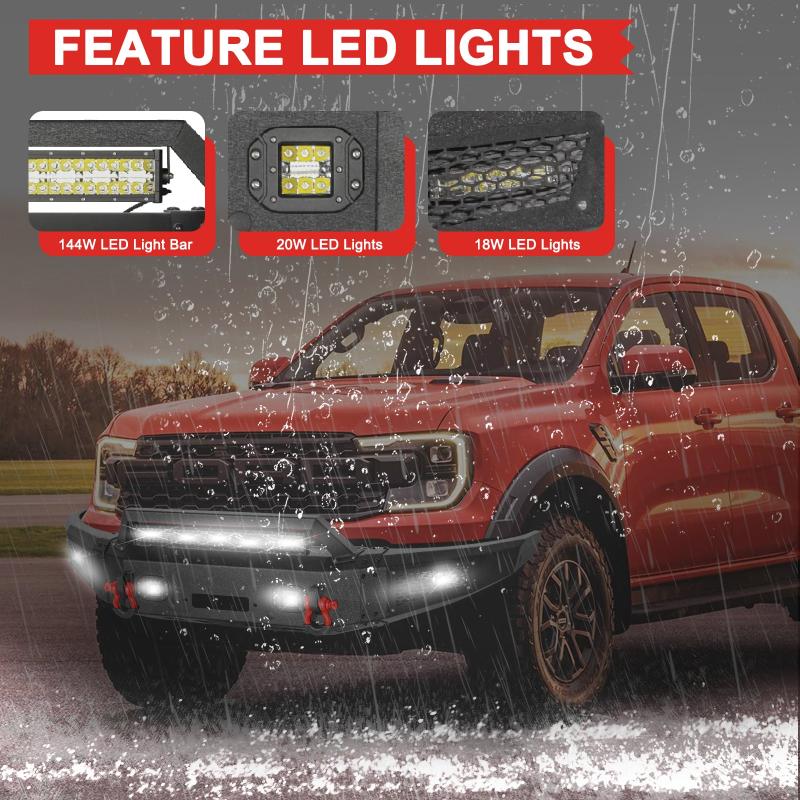 Front Bumper for 2019-2024 Ford Ranger with LED Lights & D-Rings & Winch Palte-4