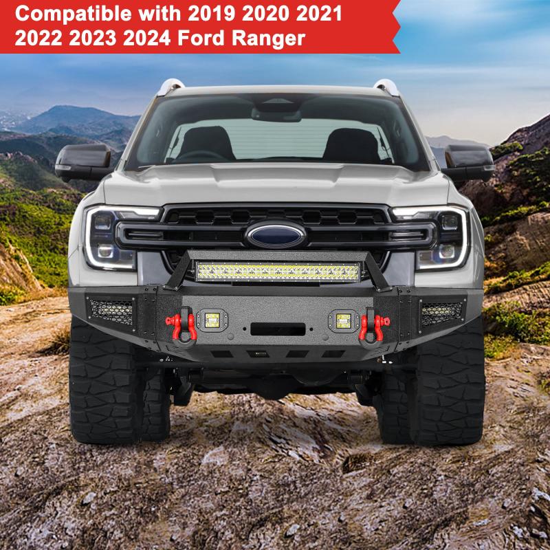 Front Bumper for 2019-2024 Ford Ranger with LED Lights & D-Rings & Winch Palte-8
