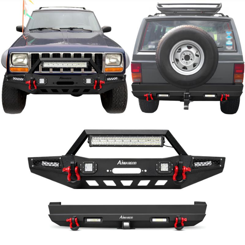 Front and Rear Bumper for 1983-2001 Jeep Cherokee XJ with D-Rings & Winch Plate & LED Lights-Main