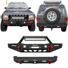 Front and Rear Bumper for 1983-2001 Jeep Cherokee XJ with D-Rings & Winch Plate & LED Lights-Main