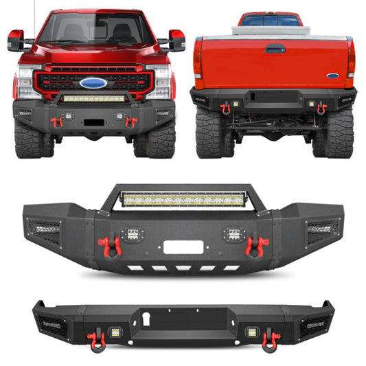 Front and Rear Bumper for 1999-2004 Ford F250/F350/F450/F550 with Winch Plate & LED Lights & D-Rings & Sensor Holes
