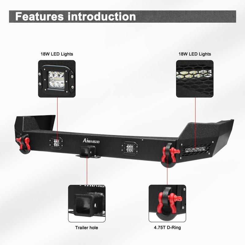 Front and Rear Bumper for 1999-2004 Grand Cherokee WJ with D-Rings & Winch Plate & LED Lights-3