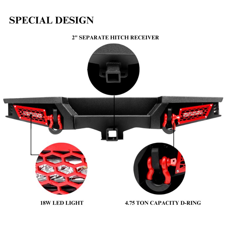 Front and Rear Bumper for 2018-2022 Wrangler JL with Winch Plate & LED Lights & D-Rings-12