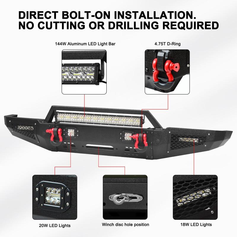 Front and Rear Bumper for 1999-2004 Land Rover Discovery2 with LED Lights & D-Rings & Sensor Holes-6