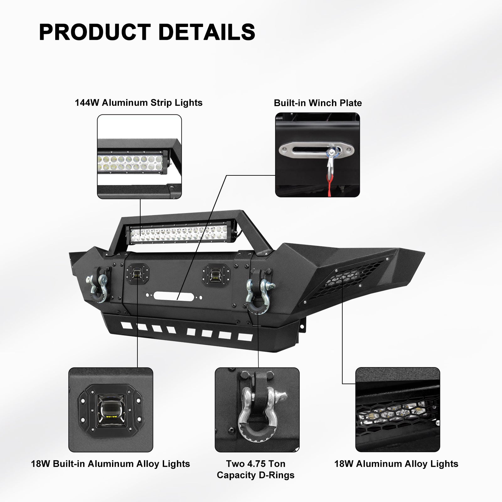 Front and Rear Bumper for 2005-2015 Toyota Tacoma with D-Rings & Winch Plate & LED Lights-6
