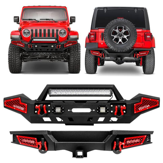 Front and Rear Bumper for 2018-2022 Jeep Wrangler JL with Winch Plate & LED Lights & D-Rings-1