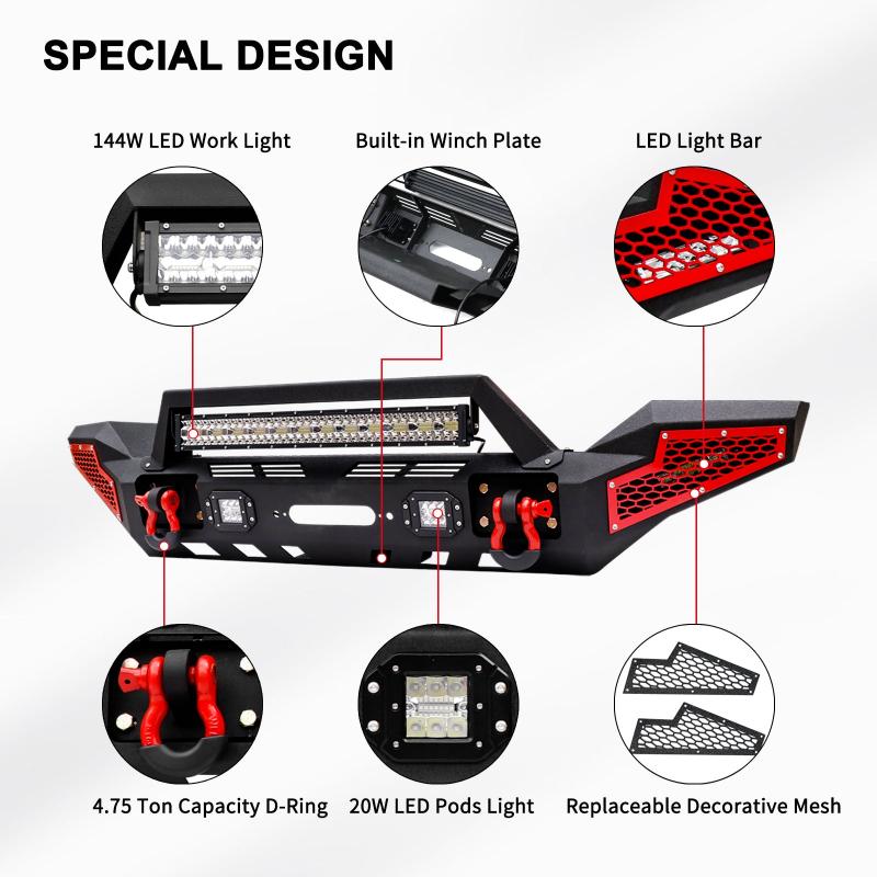 Front and Rear Bumper for 2018-2022 Jeep Wrangler JL with Winch Plate & LED Lights & D-Rings-7