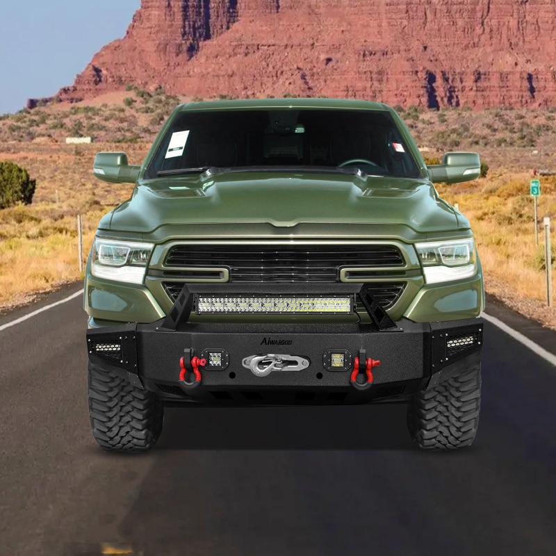 Front and Rear Bumper for 2019-2022 RAM 1500 Pickup with Winch Plate & LED Lights & Sensor Holes-9