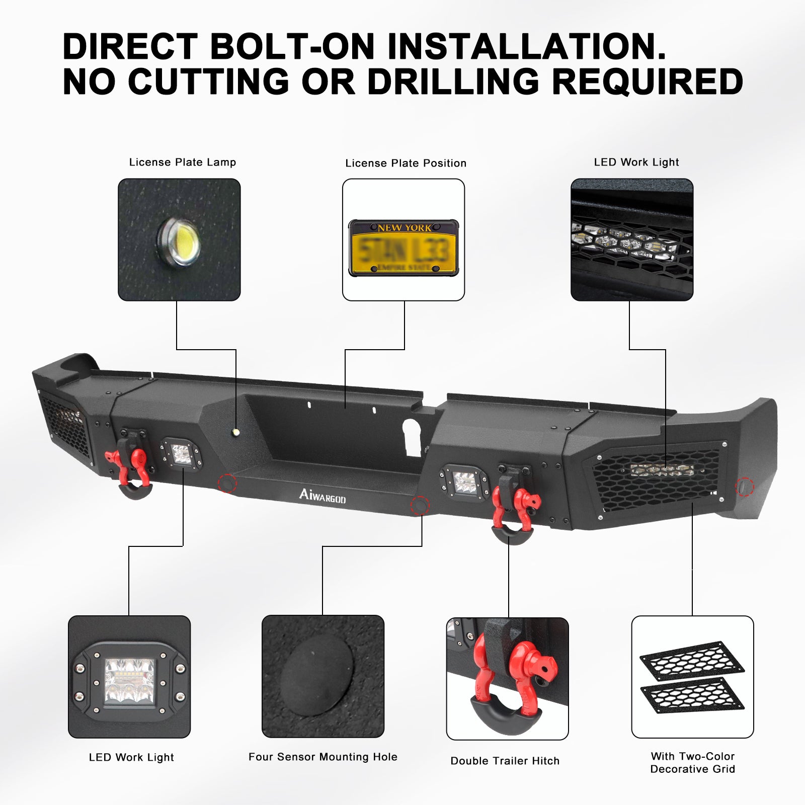 Front and Rear Bumper for 2019-2023 RAM 2500丨3500 with Winch Plate & LED lights & D-Rings & Sensor Holes-7