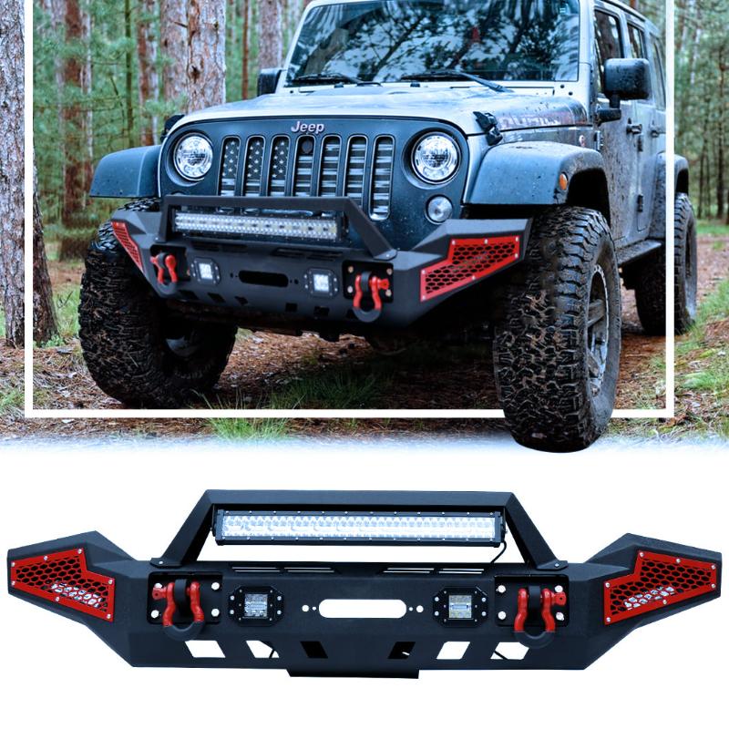 Full Width Steel Front Bumper suitable for 2007-2024 Wrangler JK/JL&Gladiator JT with Winch Plate&LED Lights&D-Rings-1