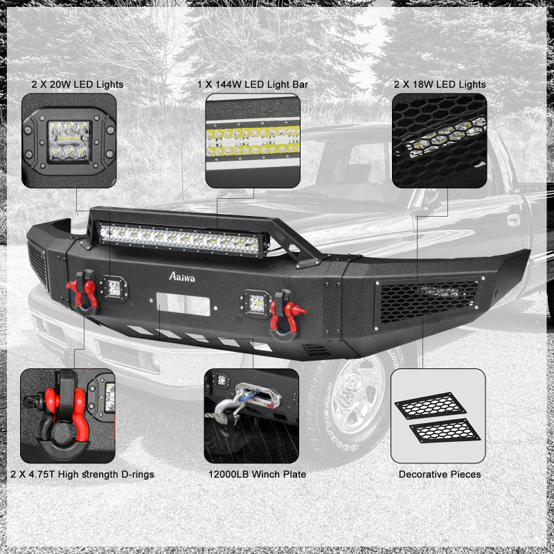 Heavy-duty Steel Front Bumper for 1994-2002 RAM 2500丨3500 with Winch Plate & LED lights & D-Rings & Sensor Holes-3