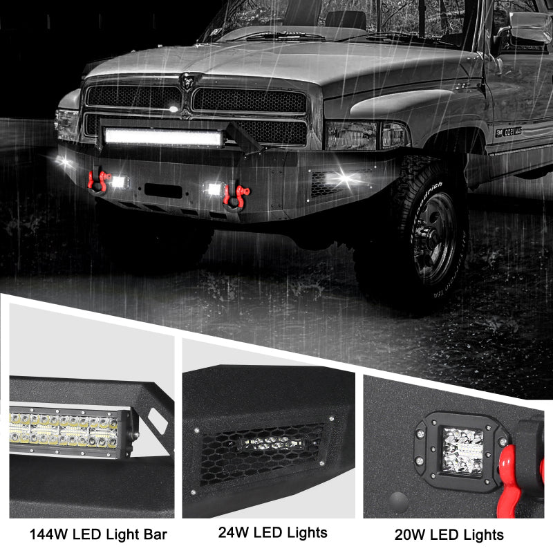Heavy-duty Steel Front Bumper for 1994-2002 RAM 2500丨3500 with Winch Plate & LED lights & D-Rings & Sensor Holes-4